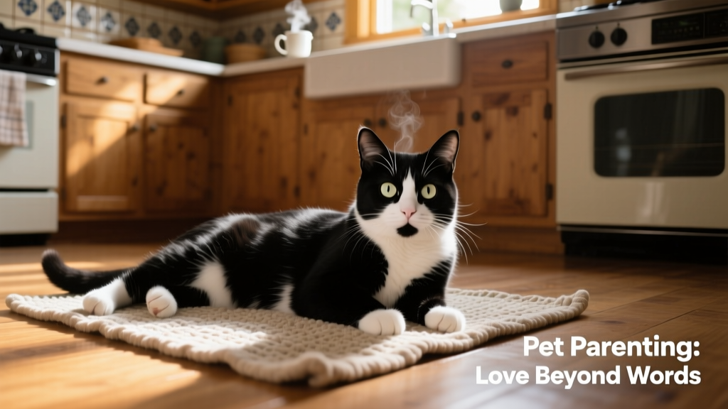 A playful black-and-white cat lying on a kitchen mat, looking directly at the camera