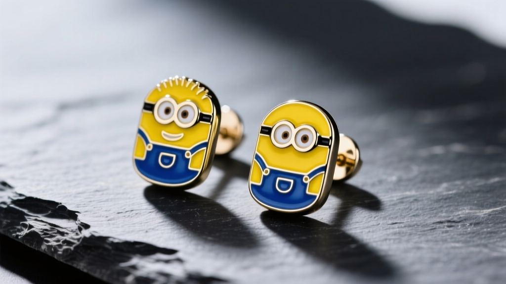 Macro photo of yellow and blue enamel minion stud earrings resting on dark slate, softly lit from the side to show glossy finish.