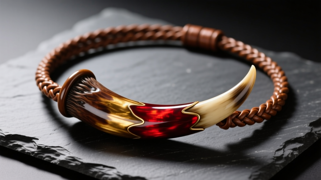 A rugged wild boar tusk necklace resting on dark slate, featuring a polished enamel surface and a heavy braided leather cord
