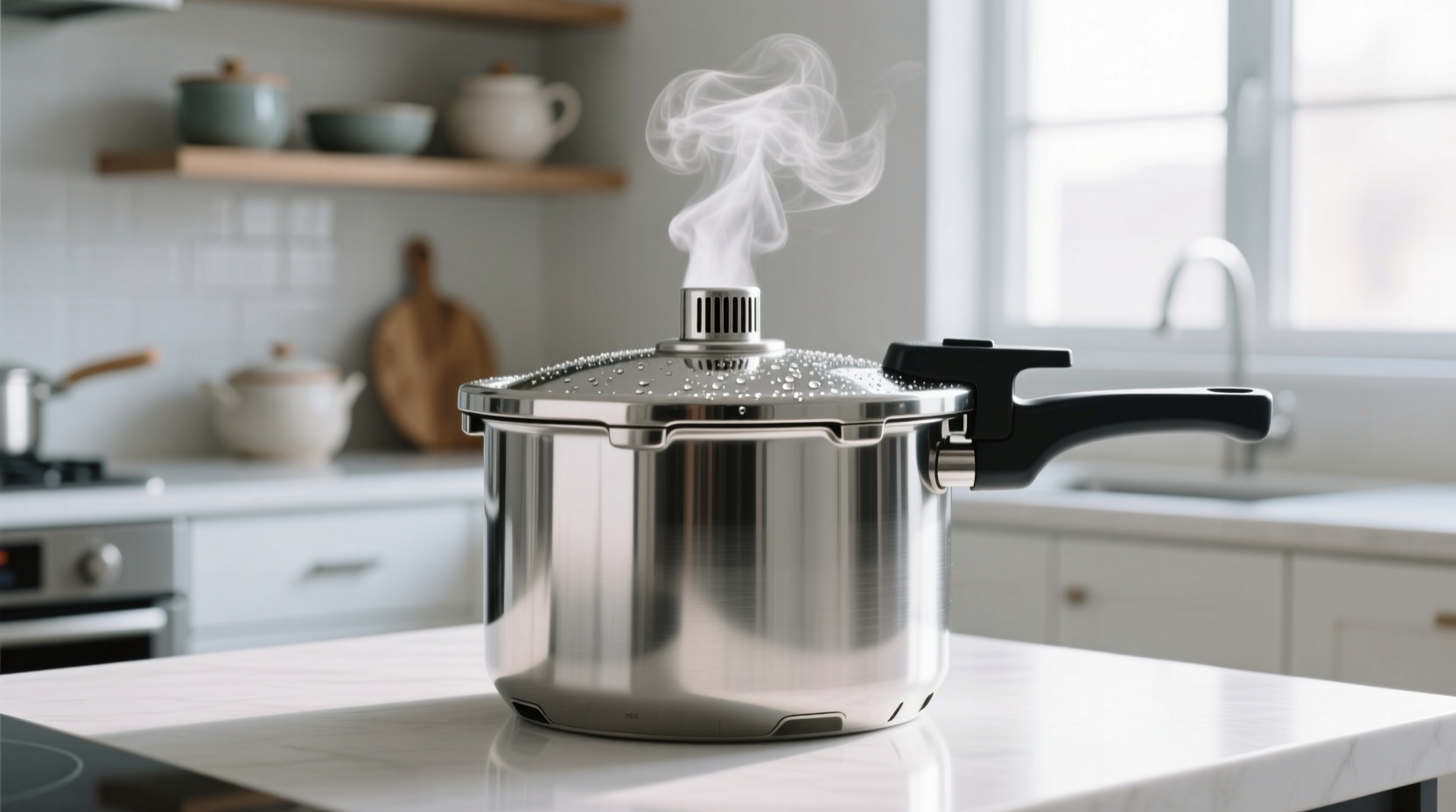 Modern stainless steel pressure cooker with steam vent