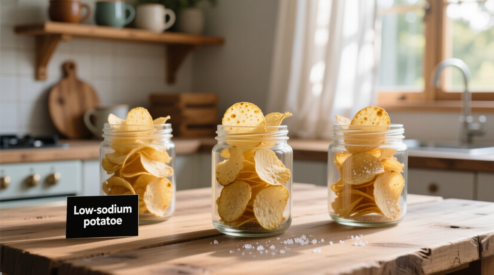 Low sodium potato chips comparison on wooden table
