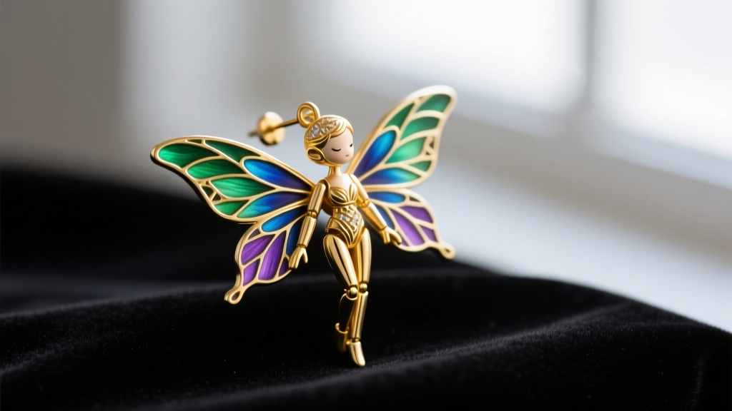 Close-up of an articulated fairy doll earring crafted in 18k gold with guilloché enamel wings, resting on dark velvet
