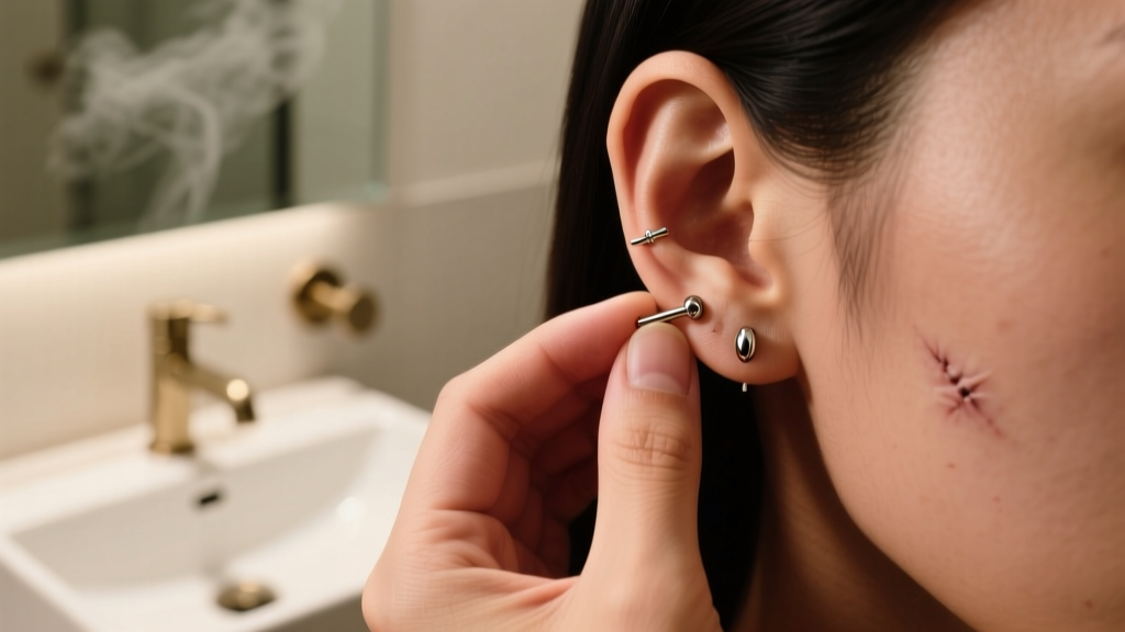 Hands inserting an 18-gauge titanium flat back earring stud into a healed earlobe under soft, warm bathroom lighting.