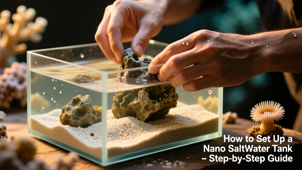 Close-up of hands adding live rock and aragonite sand into a nano aquarium during setup
