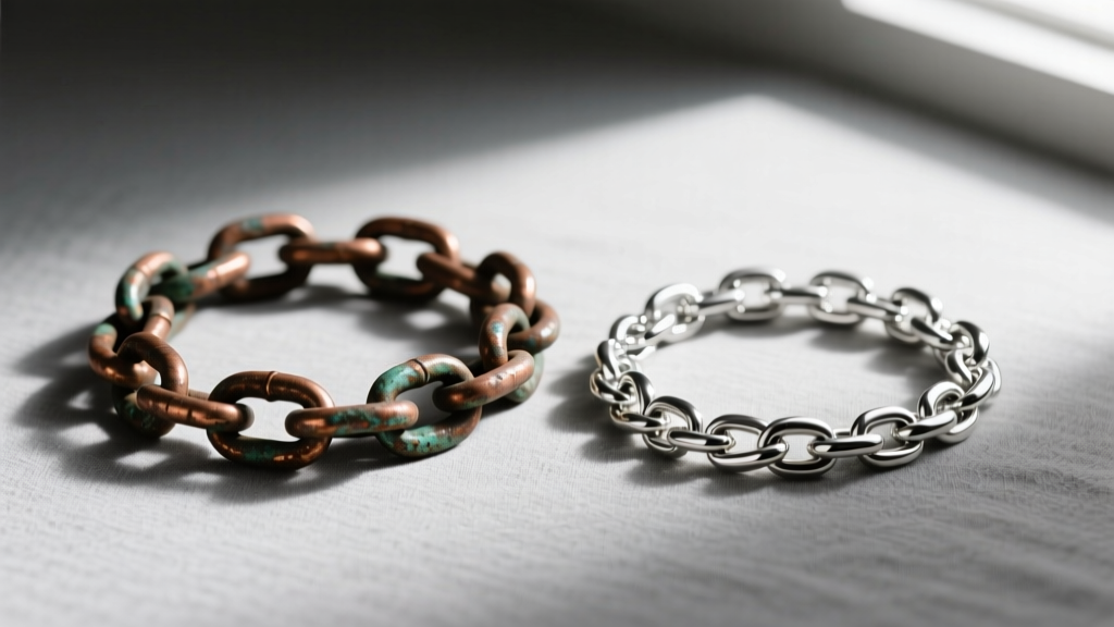 Tarnished copper-alloy silver chain next to a bright Argentium silver chain, both resting on a neutral gray fabric background.