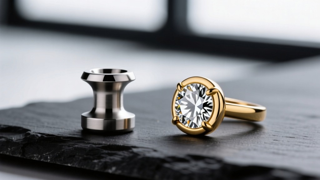 Macro photography of an ASTM F-136 titanium labret stud next to a 14k solid gold bezel-set diamond earring on dark slate