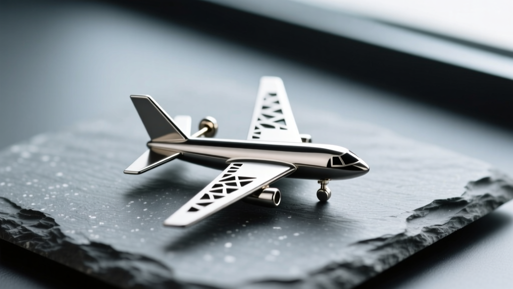 Macro of a matte titanium aeroplane earring stud on slate, highlighting laser-cut wing edges and a polished metal fuselage surface.
