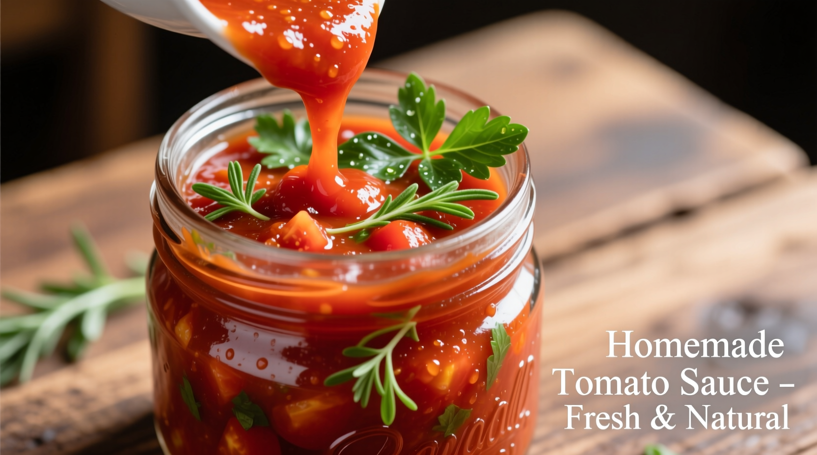 Fresh tomato sauce in glass container with herbs
