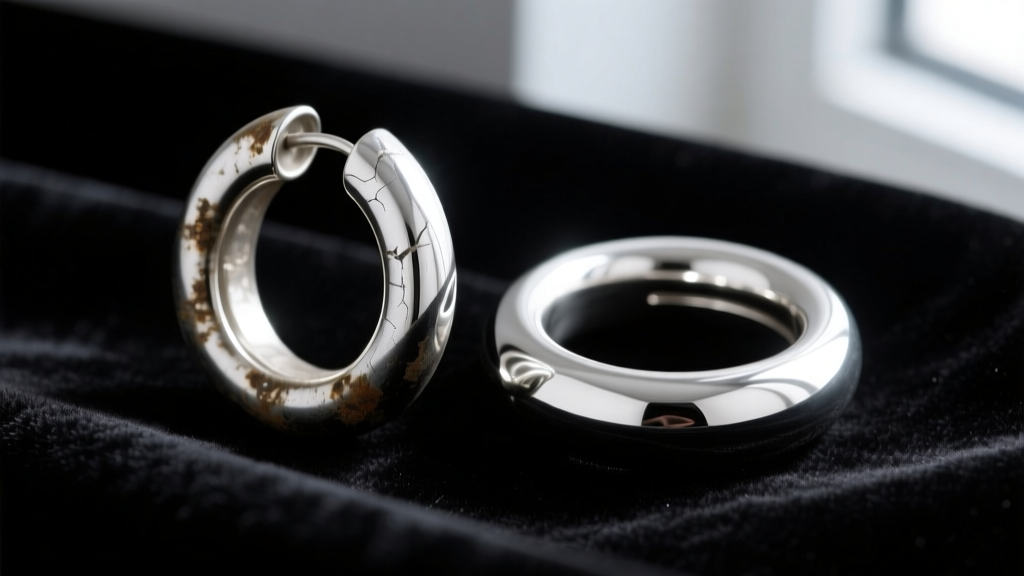 Macro shot of a tarnished standard silver hoop next to a bright Argentium silver chunky hoop earring resting on dark velvet fabric