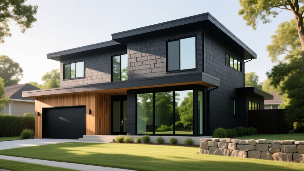 Modern two-story home exterior featuring dark charcoal fiber cement lap siding contrasting with natural cedar wood accents and large black-framed windows.