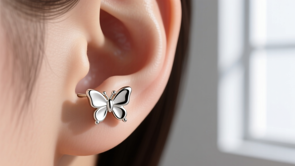 Close-up of 14k white gold bow studs on an earlobe, showing the secure butterfly backing and crisp edges in soft natural light.