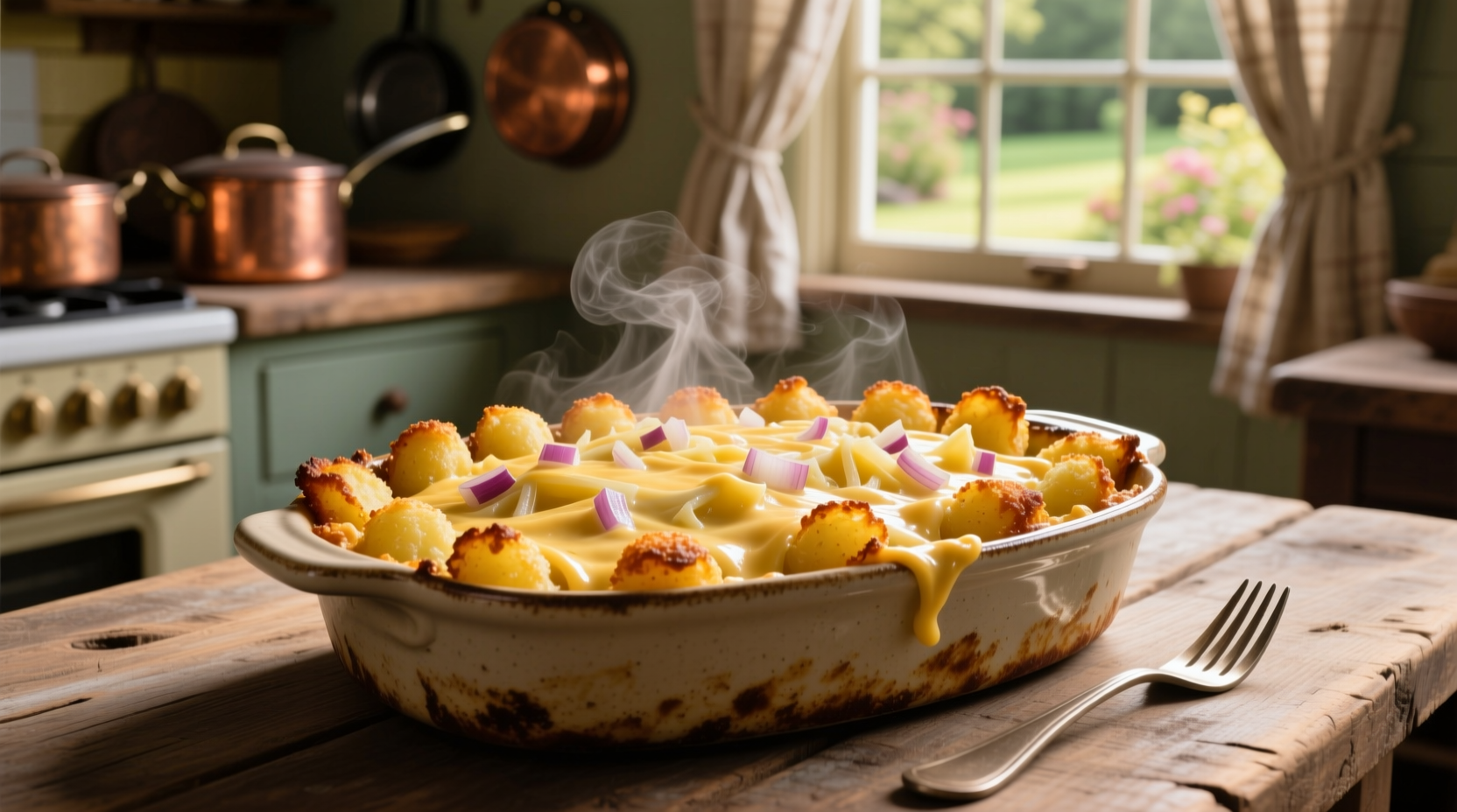 Golden potato tot casserole fresh from oven
