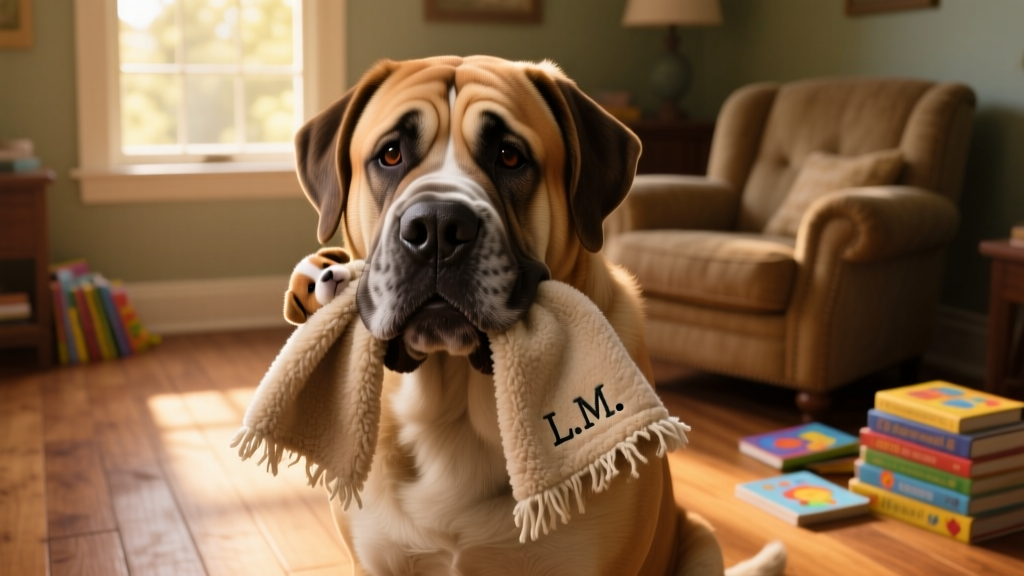 Kevin the English Mastiff gently holding a small, well-loved fleece blankie in his mouth