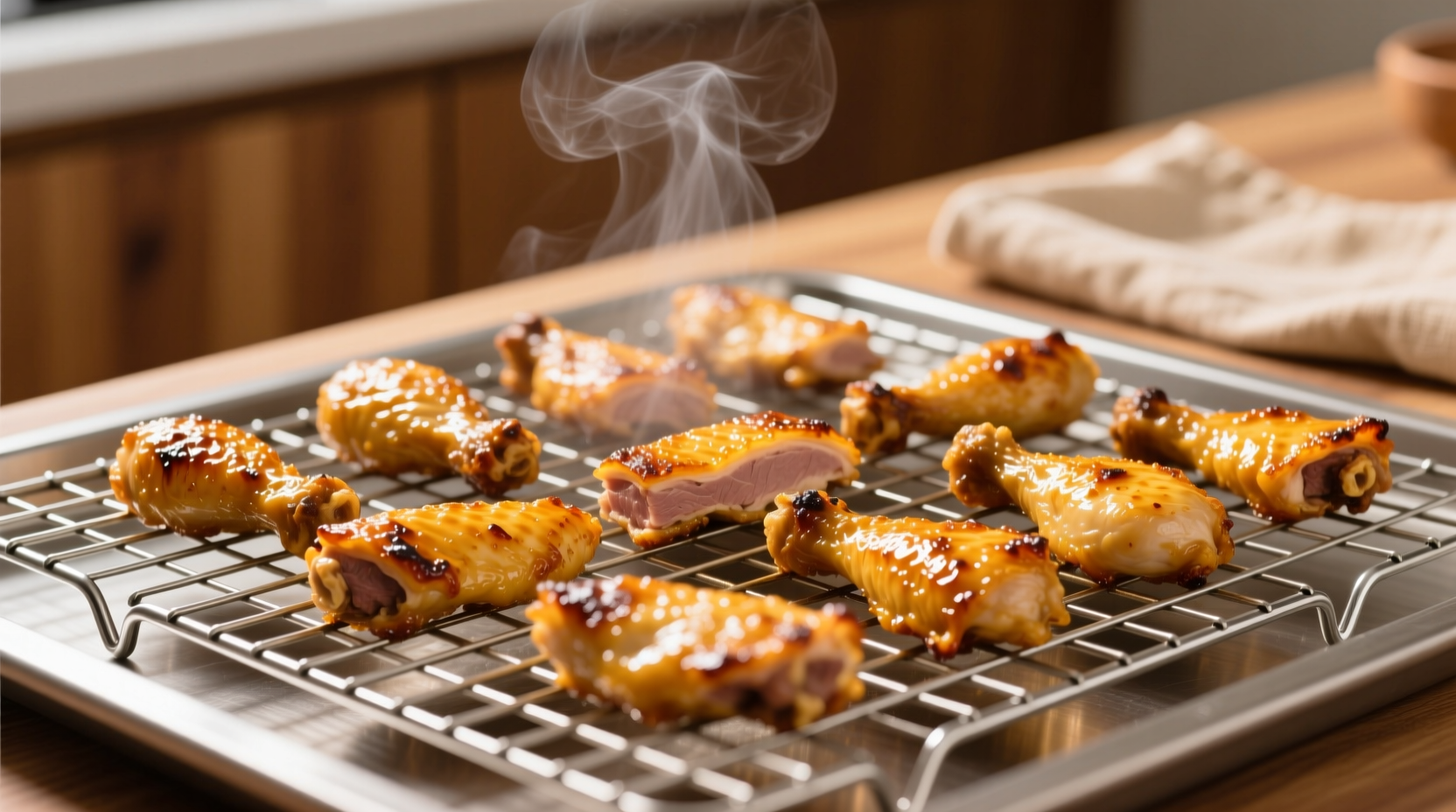 Perfectly golden baked chicken strips on wire rack