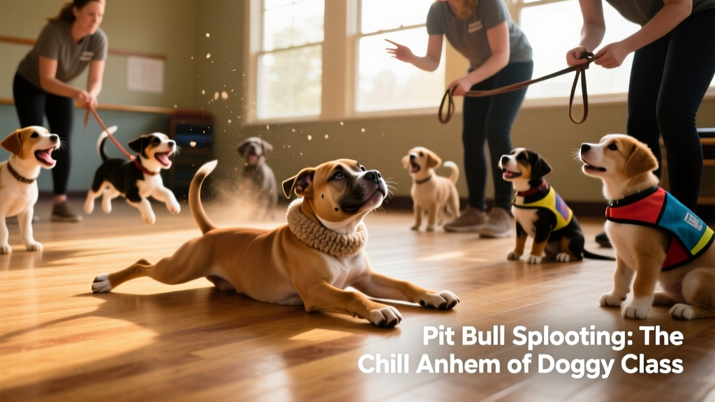 Pit Bull puppy splooting on the floor during a busy doggy class, surrounded by other puppies and trainers