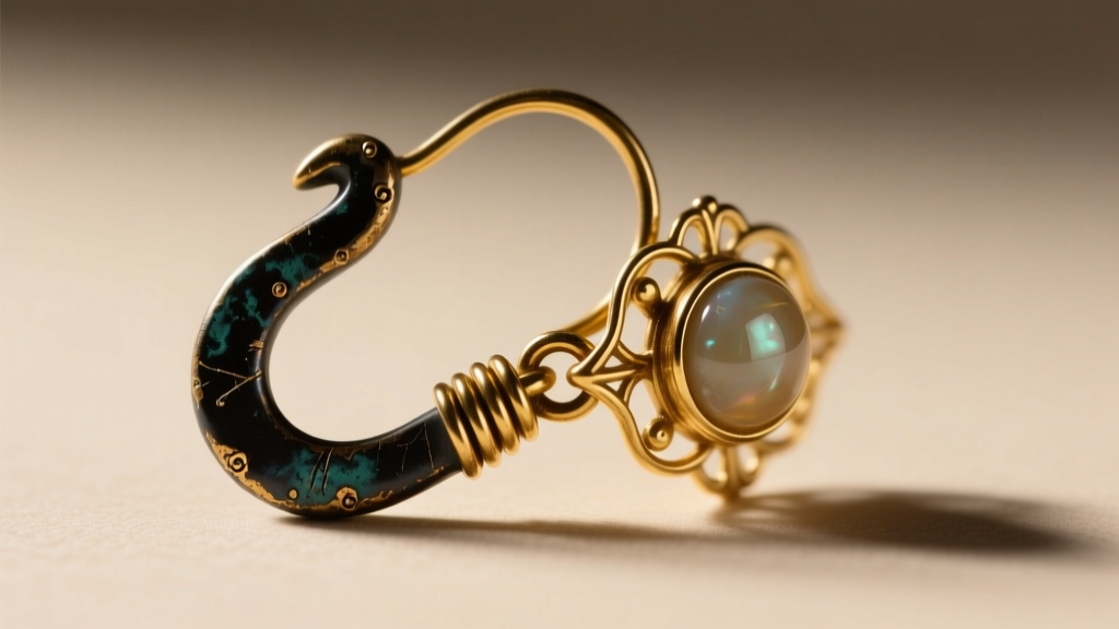 Close-up of a shepherd hook wire on a Georgian paste earring showing age wear and dark patina at the delicate gold connection loop