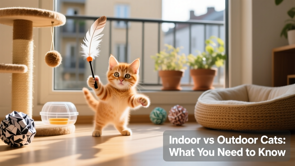 A playful kitten interacting with a feather wand toy near a window, surrounded by interactive enrichment items
