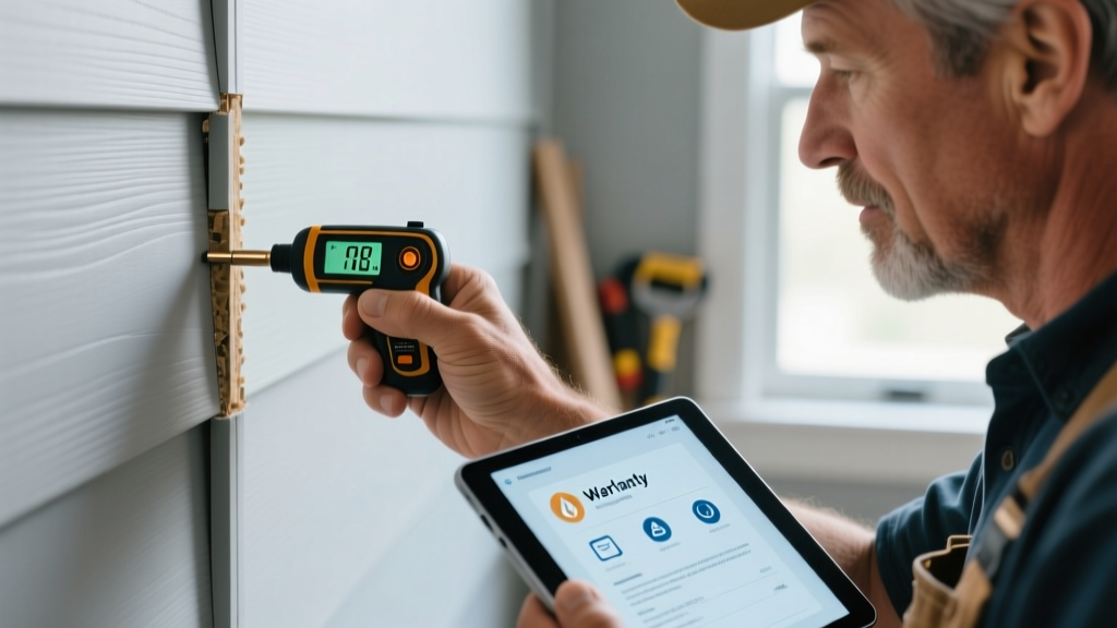 Close-up of a contractor inspecting fiber cement siding joints with a moisture meter while reviewing a digital warranty document on a tablet