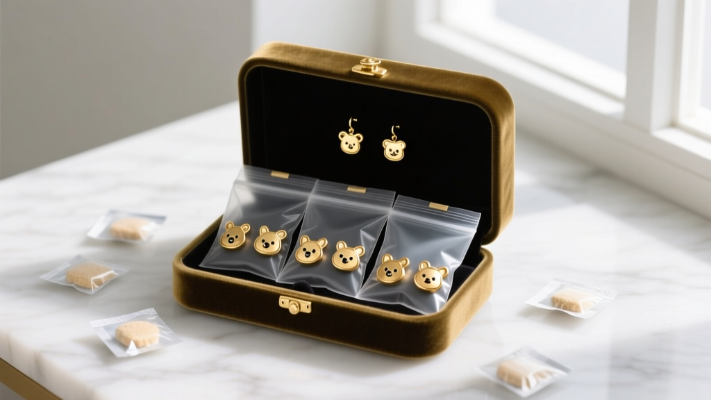 Velvet jewelry box with gold enamel character earrings stored in sealed silicone bags alongside small silica gel desiccant packets