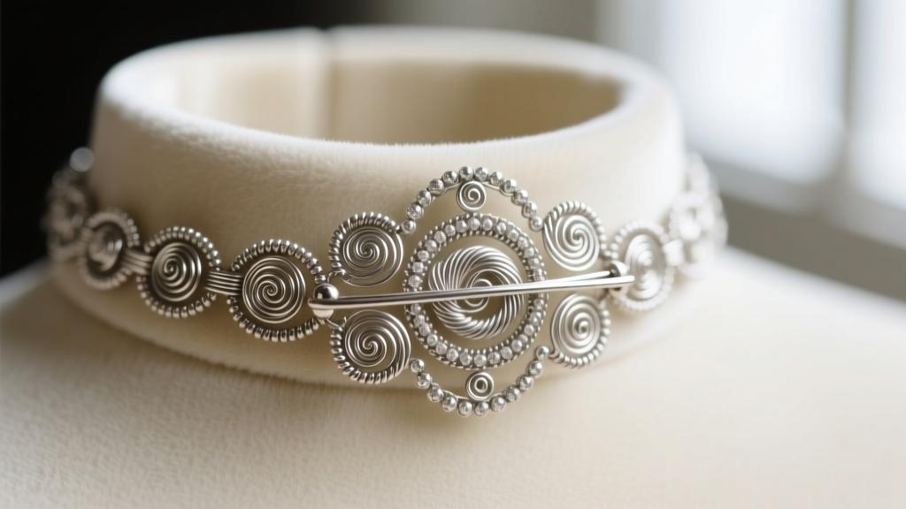 Extreme close-up of 30-gauge silver cannetille wirework forming delicate coils and granulation on a Victorian collar necklace clasp