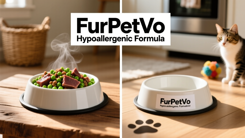 Side-by-side comparison of two cat food bowls: one with a novel protein diet (venison and green peas), the other empty with a label reading 'FurPetVo Hypoallergenic Formula'