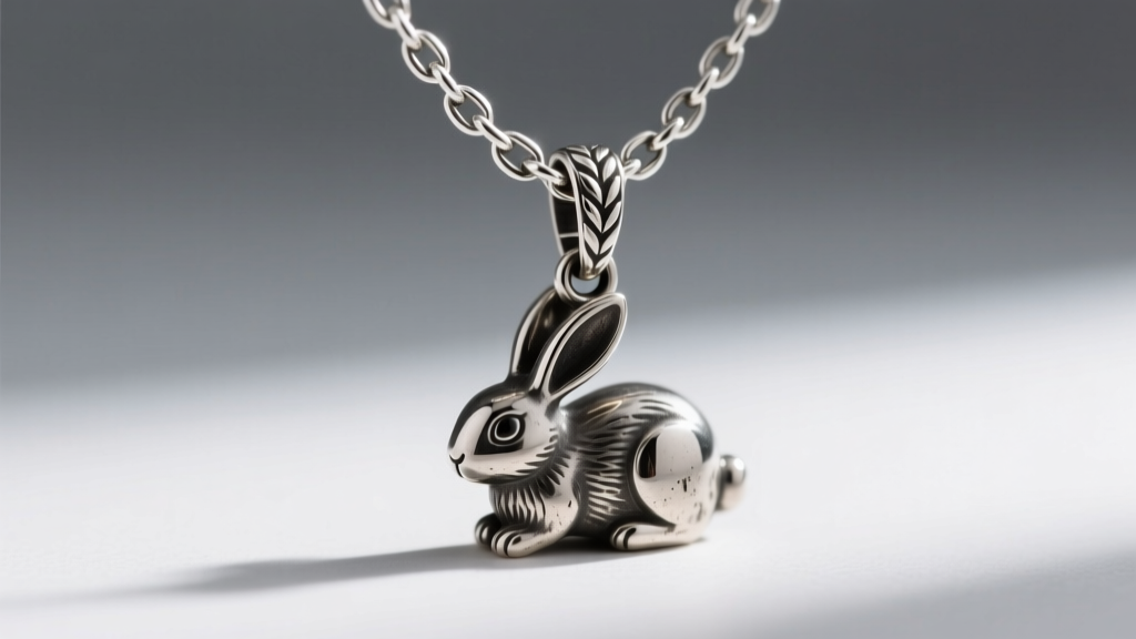 Extreme macro shot of a 1.2mm sterling silver wheat chain threading through the hidden bail of an oxidized silver rabbit pendant