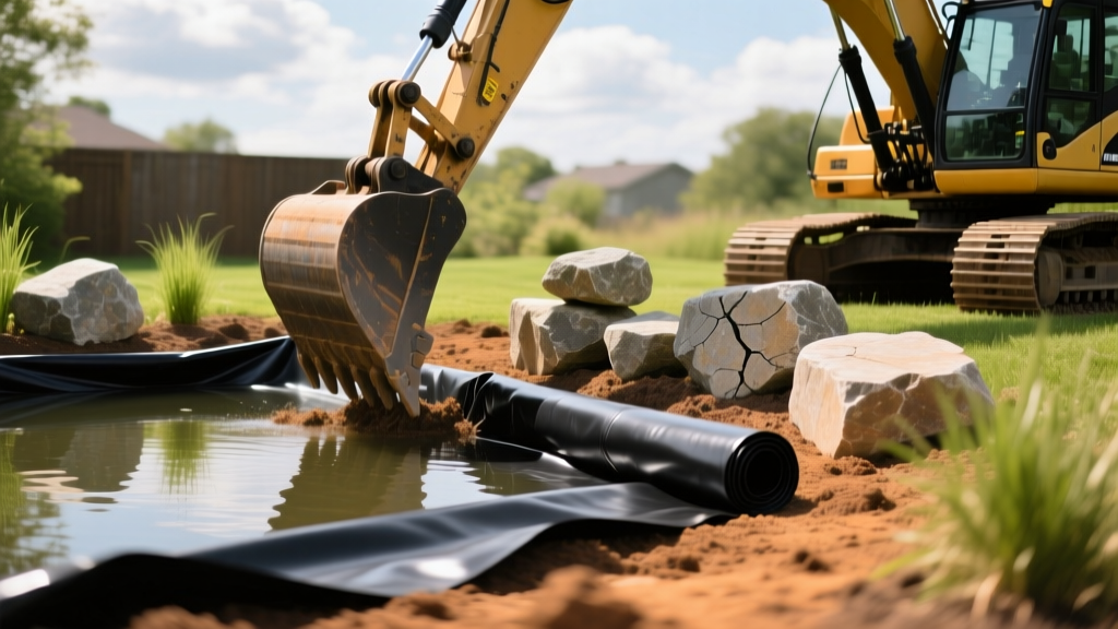 Excavator digging a backyard pond with stacked limestone boulders and a black EPDM liner partially unrolled over compacted soil