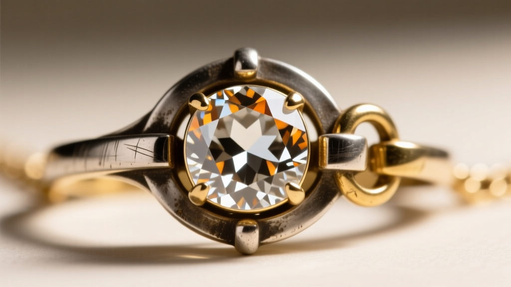 Macro shot of an 1880s silver-topped gold necklace clasp, revealing the C-clasp and chunky facets of an old mine cut diamond.