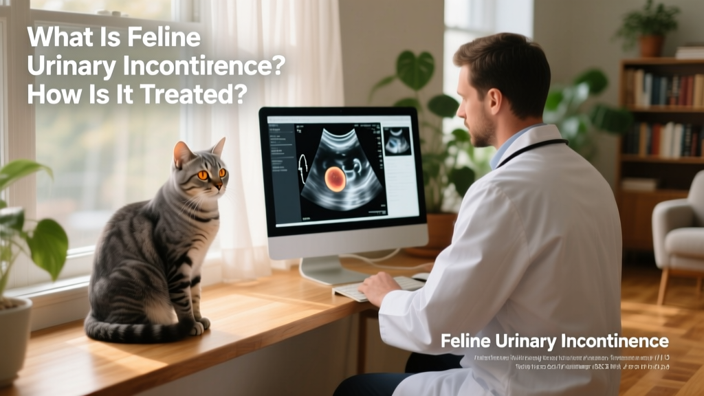 Veterinarian reviewing diagnostic imaging results on a computer screen with a calm cat nearby