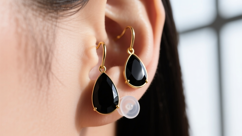 Close-up of black onyx teardrop earrings on a lobe, featuring an 18-gauge gold ear wire and a clear silicone earring support disc.