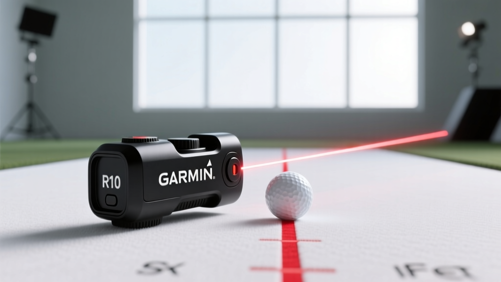 Close up of the Garmin R10 alignment stick positioned exactly six feet behind the golf ball on the indoor hitting mat with a laser line