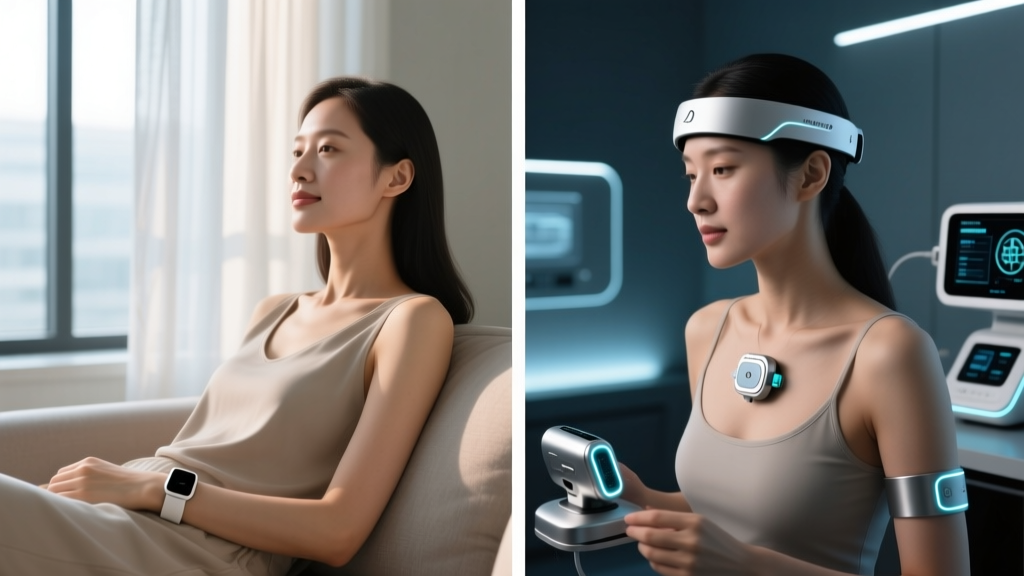Split-screen showing a woman relaxing with a basic wrist wearable versus an advanced biohacking setup with an EEG headband and chest device.