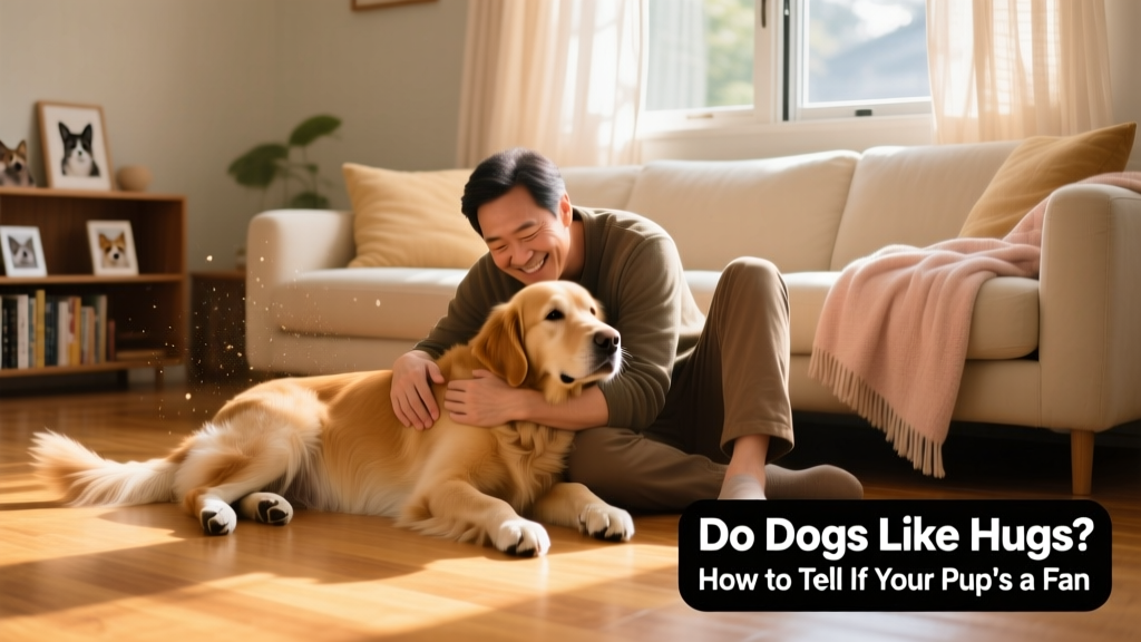 A person gently hugging a relaxed golden retriever on a sunny living room floor