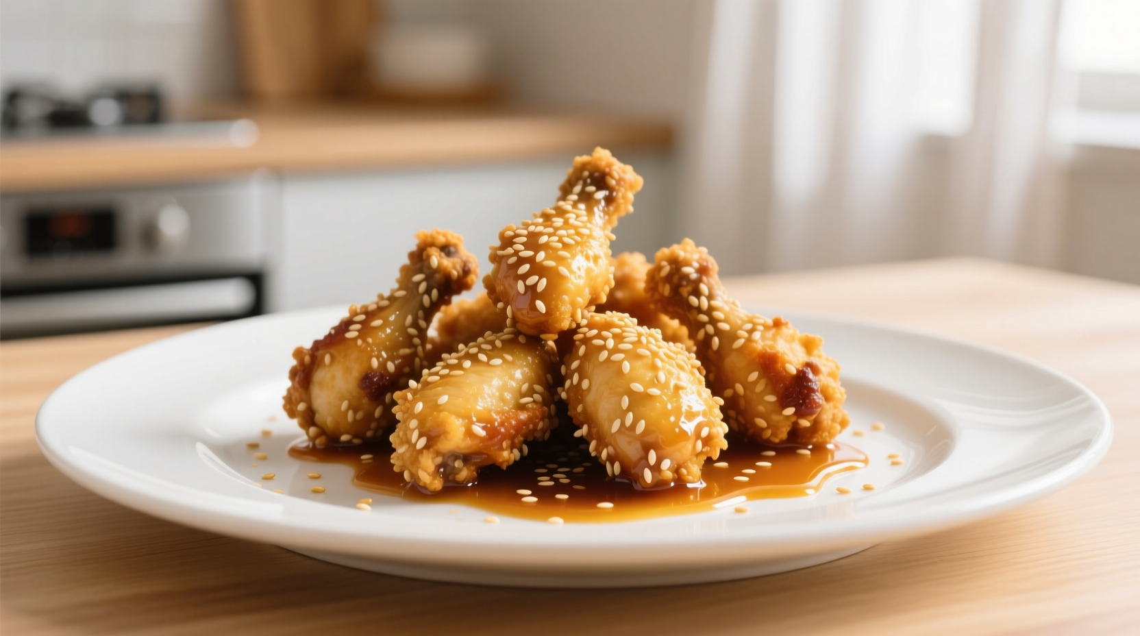 Golden sesame chicken with sesame seeds on white plate