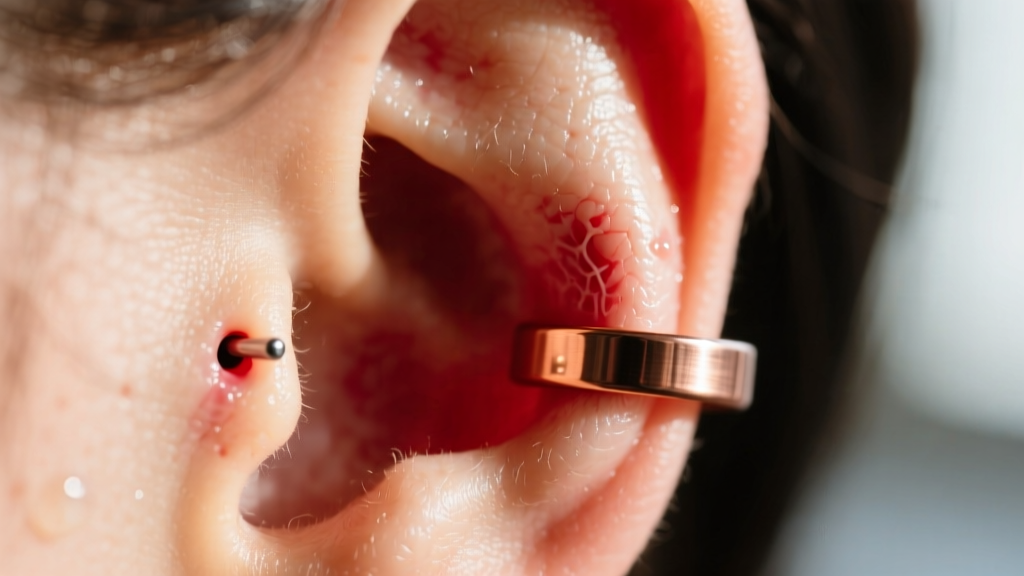 Close-up of irritated cartilage reacting to a copper ear cuff, showing redness and localized swelling around the piercing hole.