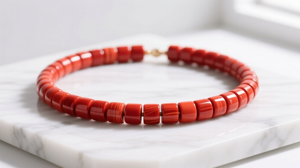 Vibrant red coral heishi necklace on white marble, showcasing uniform tubular beads under soft, natural window lighting.