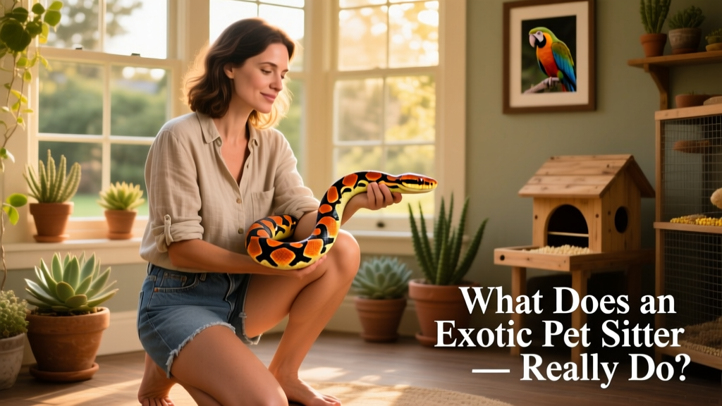 A confident sitter calmly holding a relaxed corn snake during routine handling time