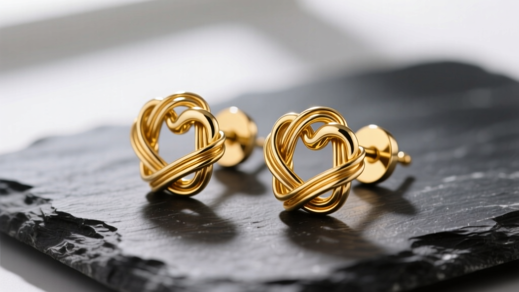 Macro shot of 14k yellow gold love knot stud earrings on dark slate, highlighting complex wire overlaps and deep crevices