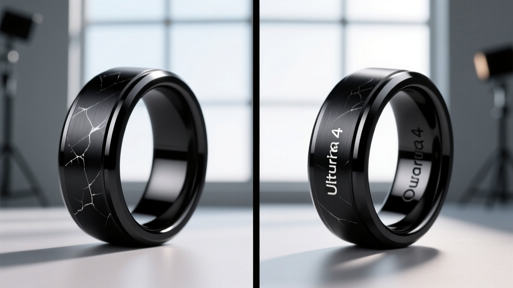 Side-by-side macro shot of Ultrahuman Ring Air and Oura Ring 4 showing PVD coating micro-scratches on the black titanium finish