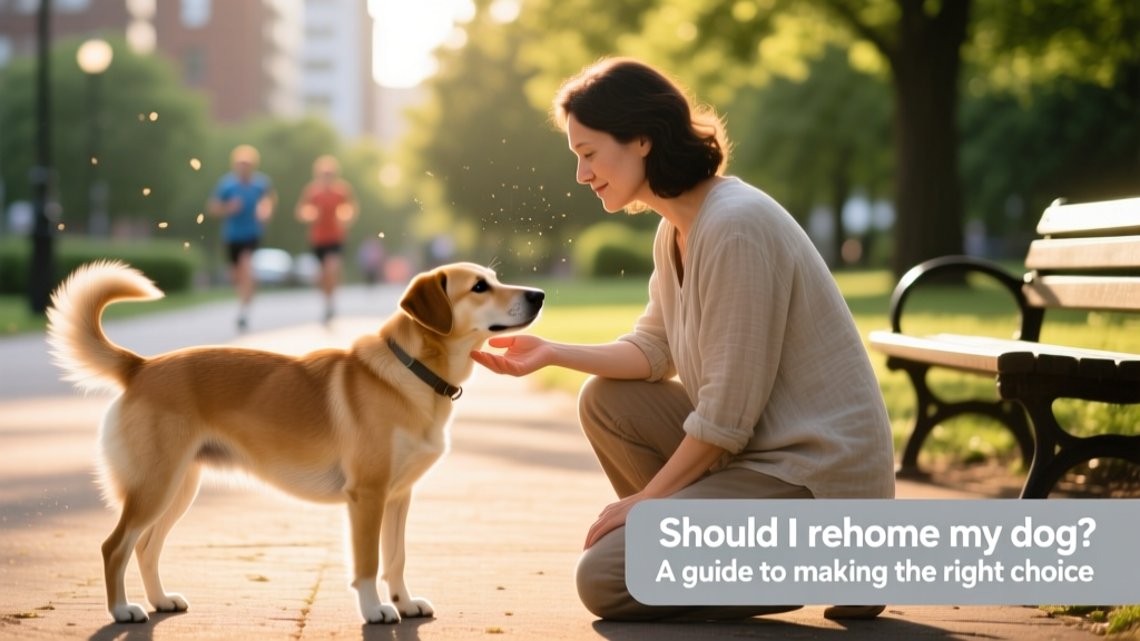 A calm, gentle meet-and-greet between a dog and a potential adopter in a sunny park setting