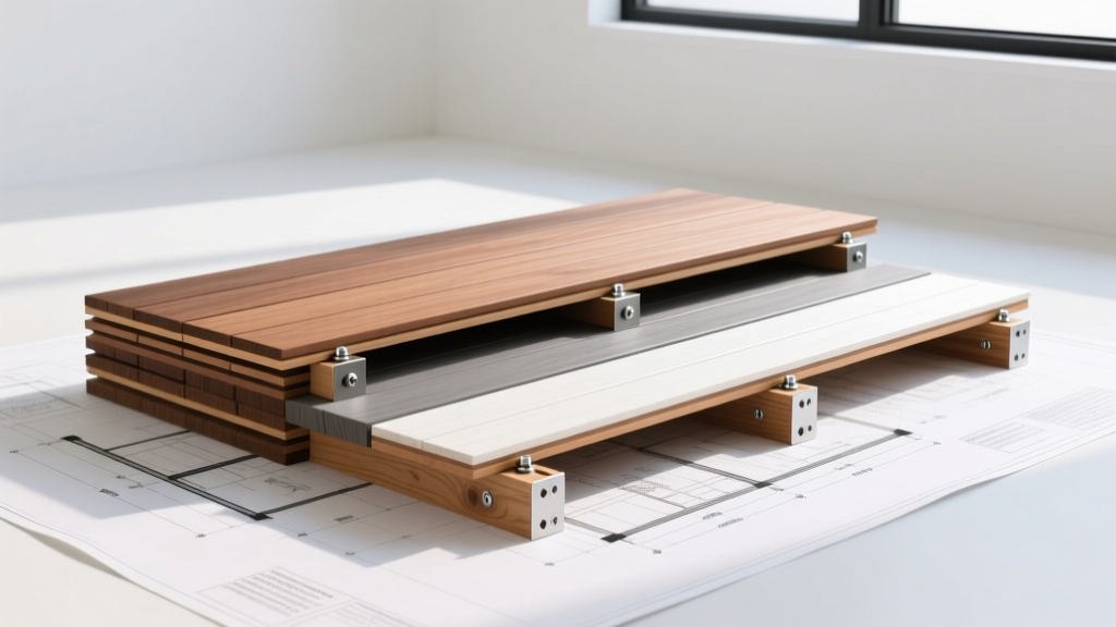 Stacked composite decking boards and pressure-treated pine joists with stainless steel hidden fasteners resting on patio blueprints