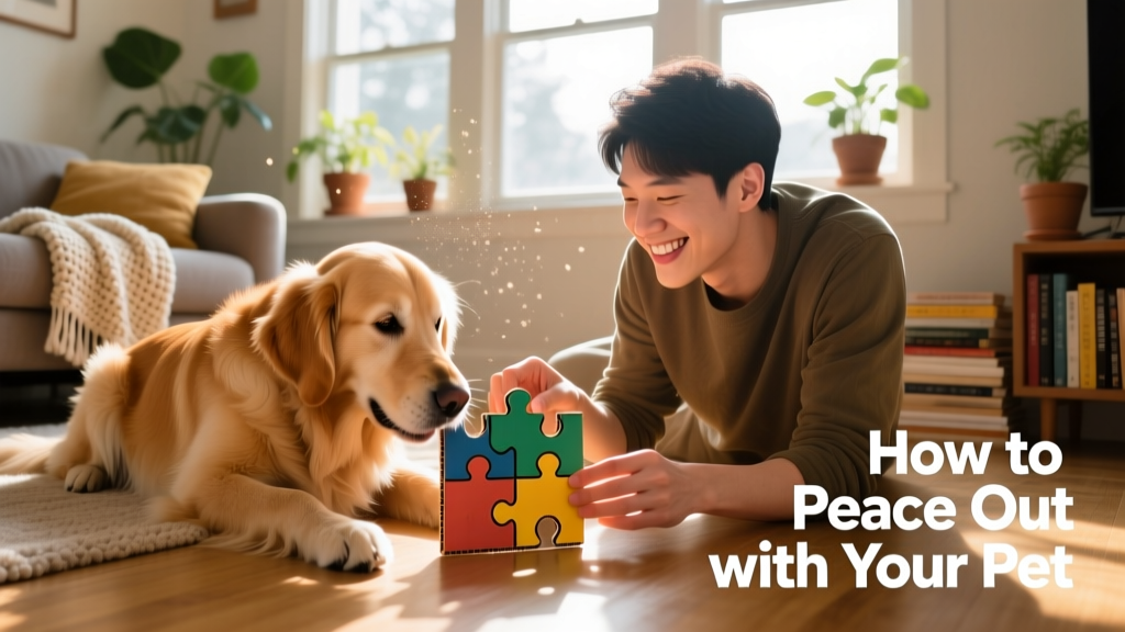 A person and their dog playing with a homemade cardboard puzzle toy on the living room floor