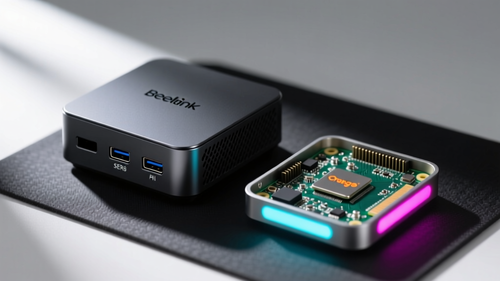Close-up of a Beelink SER8 mini PC and an Orange Pi 5 Plus single-board computer resting on a dark anti-static mat with RGB lighting