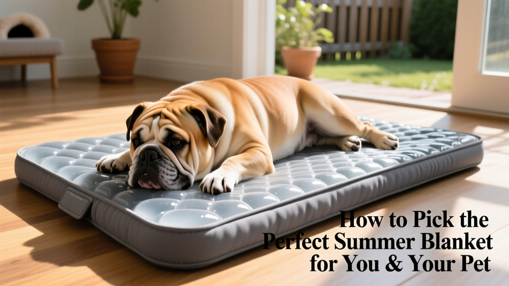 A bulldog lying peacefully on a gray cooling gel bed with visible gel layer and removable cover