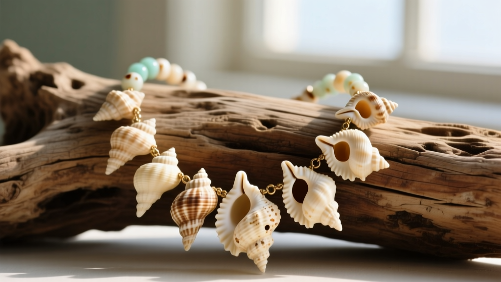 Close-up of a 1970s puka shell necklace on driftwood, showing natural cone holes and cream calcium carbonate texture.