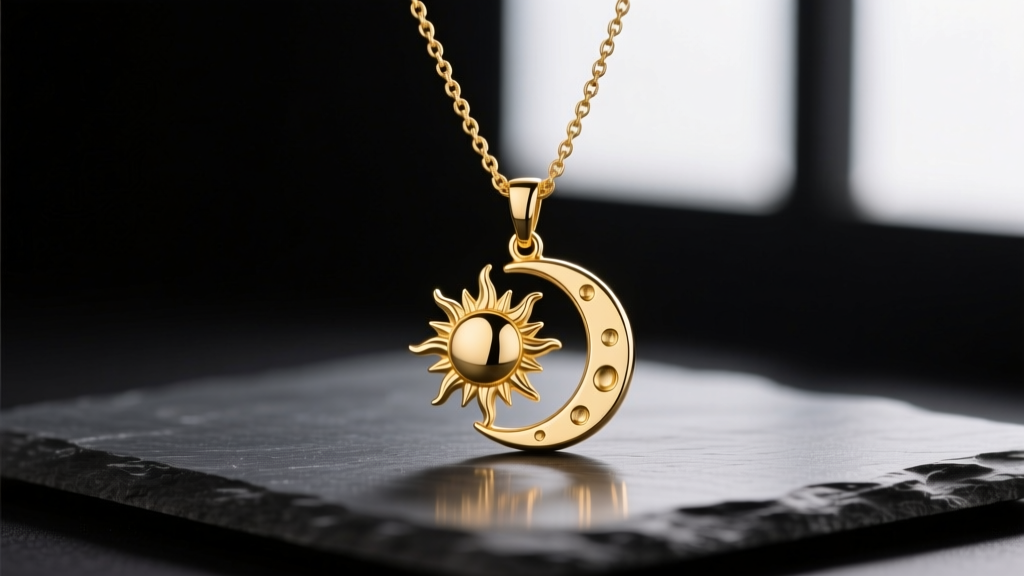 Close-up of a sun and moon necklace for couples in polished 14k yellow gold, resting on dark slate with soft studio lighting.
