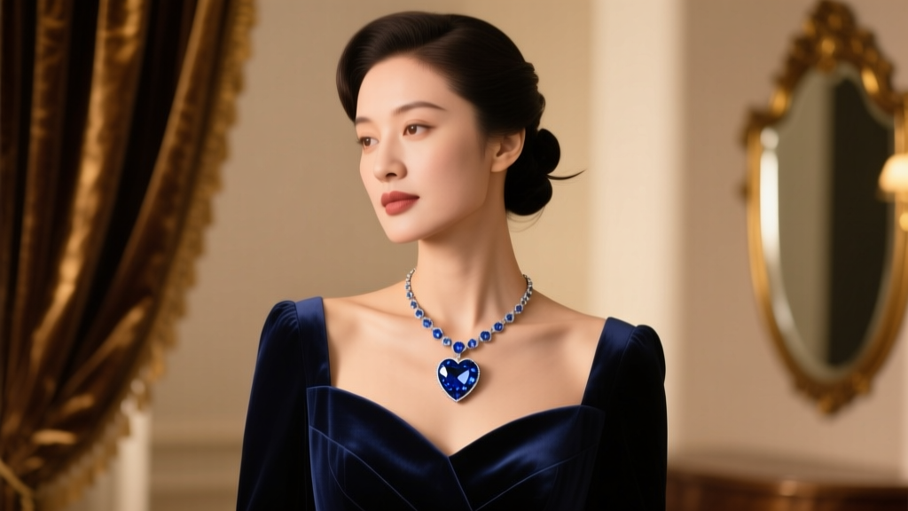 Woman wearing a vintage-inspired blue sapphire heart pendant necklace over a dark navy evening gown under soft, warm ambient light