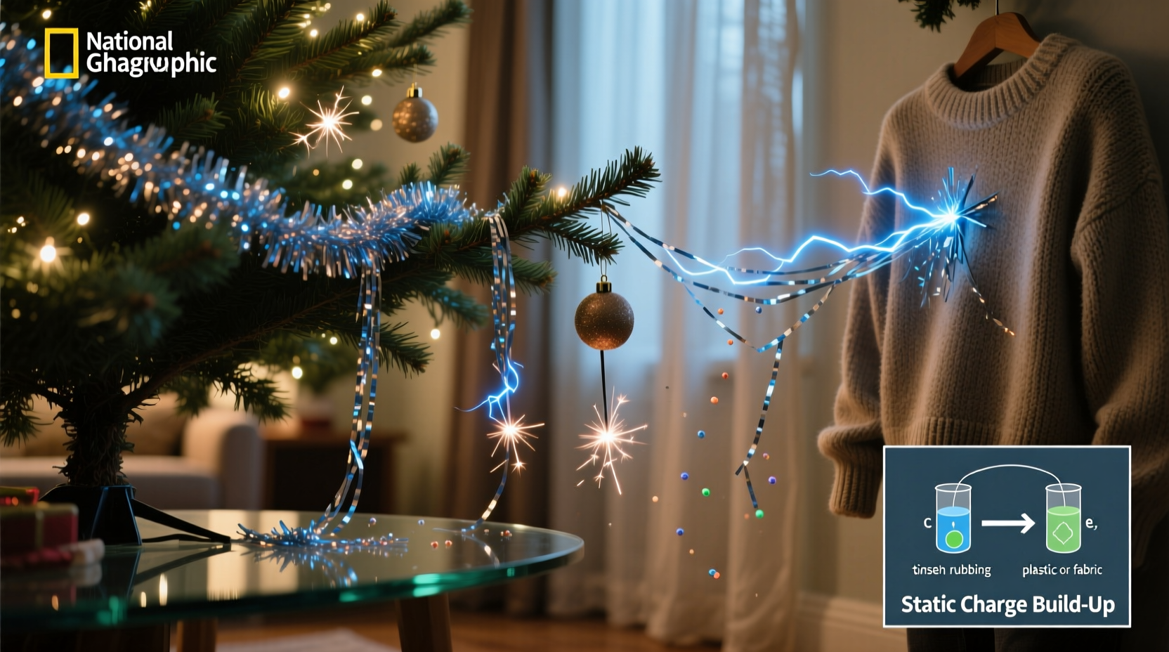 why does static cling make tinsel stick to everything except the tree