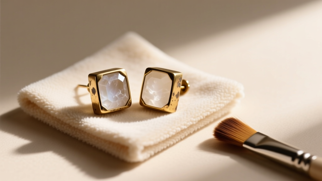Tarnished brass cubic earrings with cloudy stones resting on a microfiber cleaning cloth next to a soft-bristled jewelry brush.