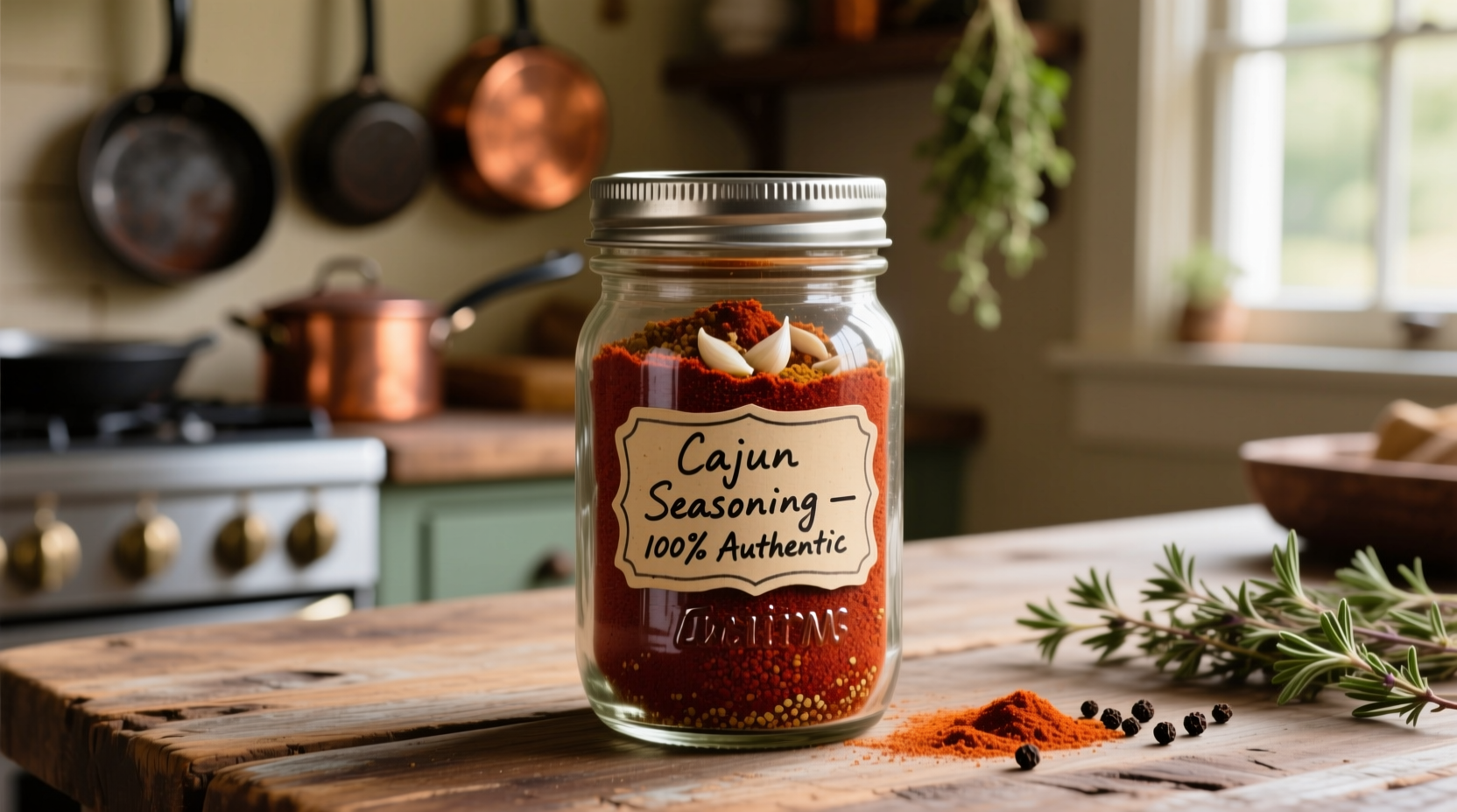 Authentic Cajun spice blend in mason jar with ingredients